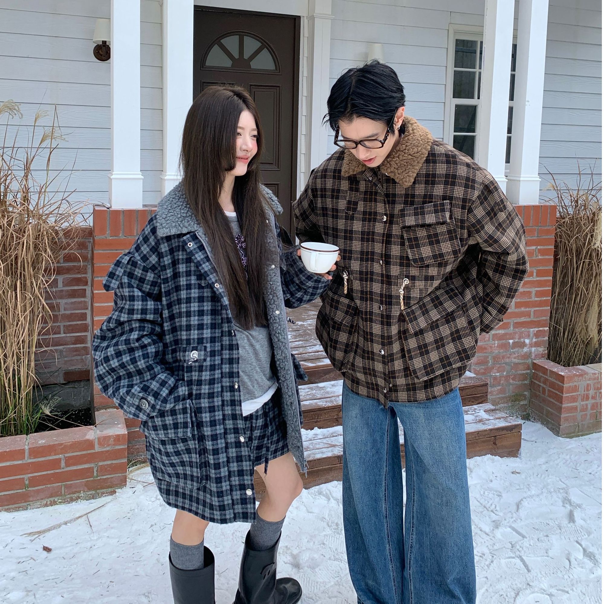 YANAG格纹两面穿灰色皮毛外套