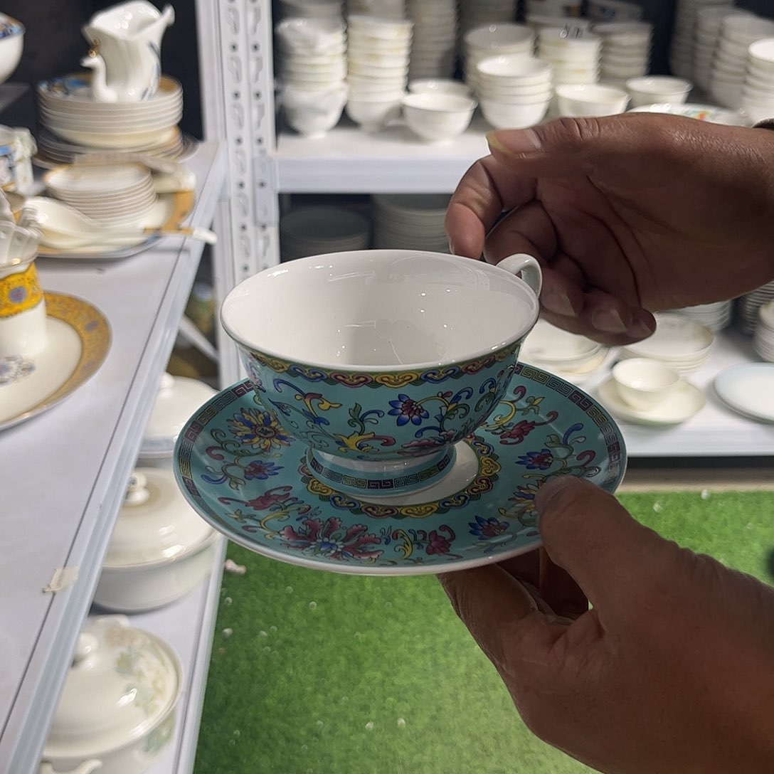 瓷片珐琅彩咖啡杯两个带脱