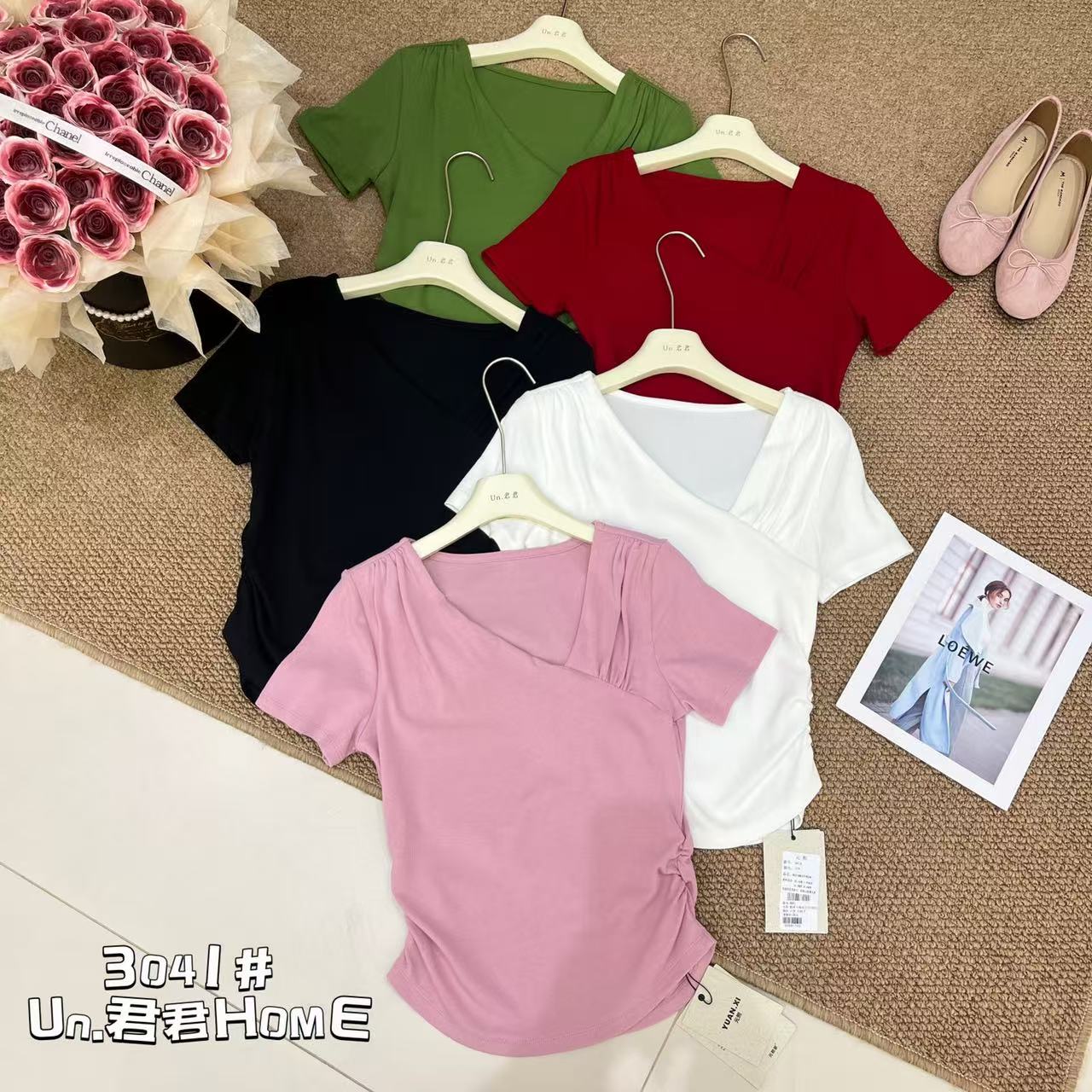 君君家【不规则】3041韩系不规则交叉V领短袖上衣