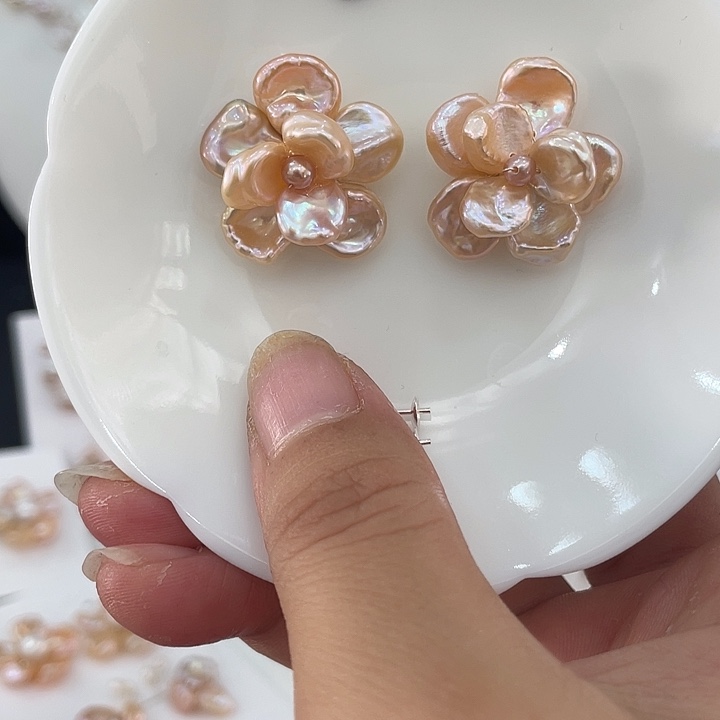 ღ***ɞ银S925镶嵌耳饰淡水珍珠花朵银针耳钉一对