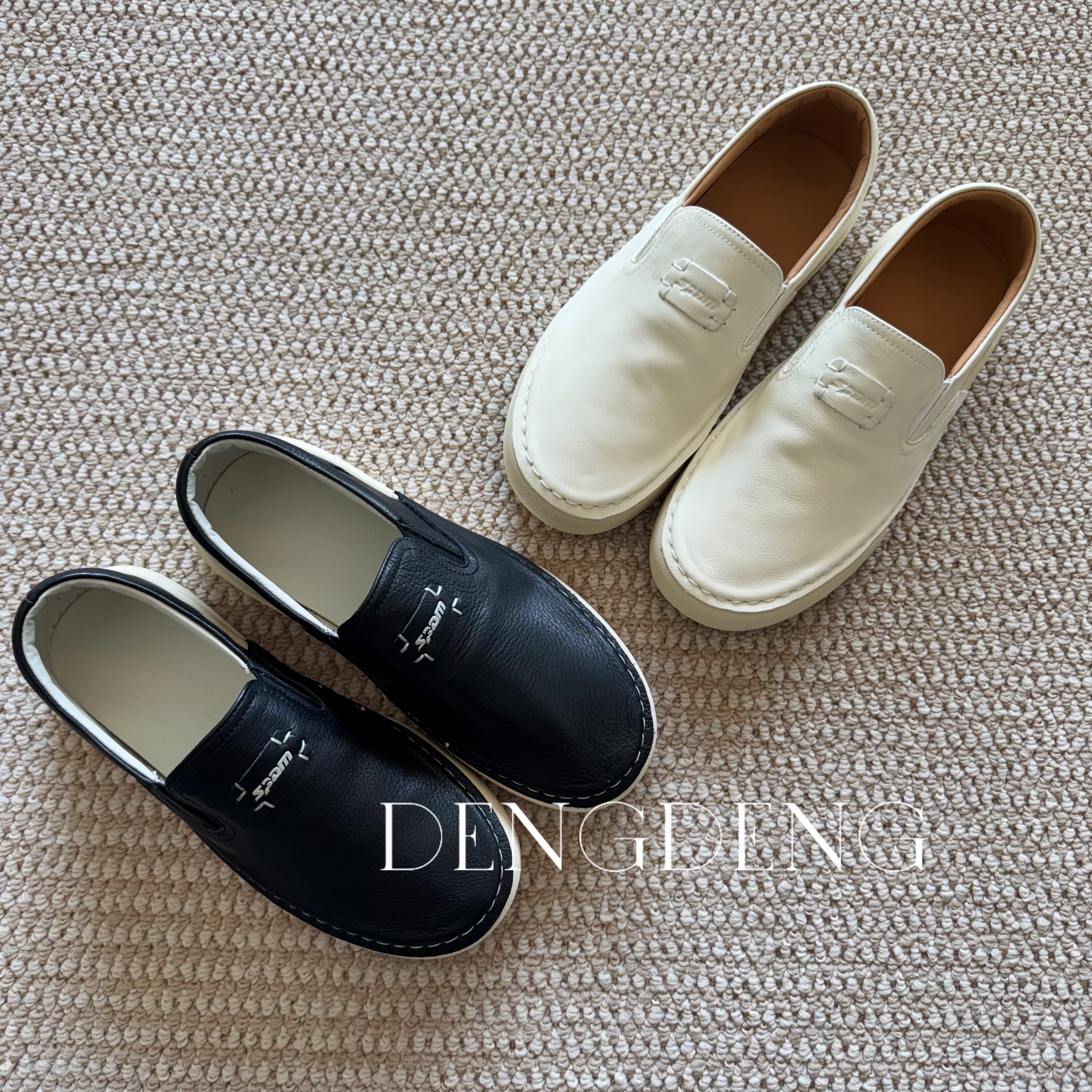 【DENG】2025四季款经典耐看复古小牛真皮手工缝线懒人乐福鞋单鞋
