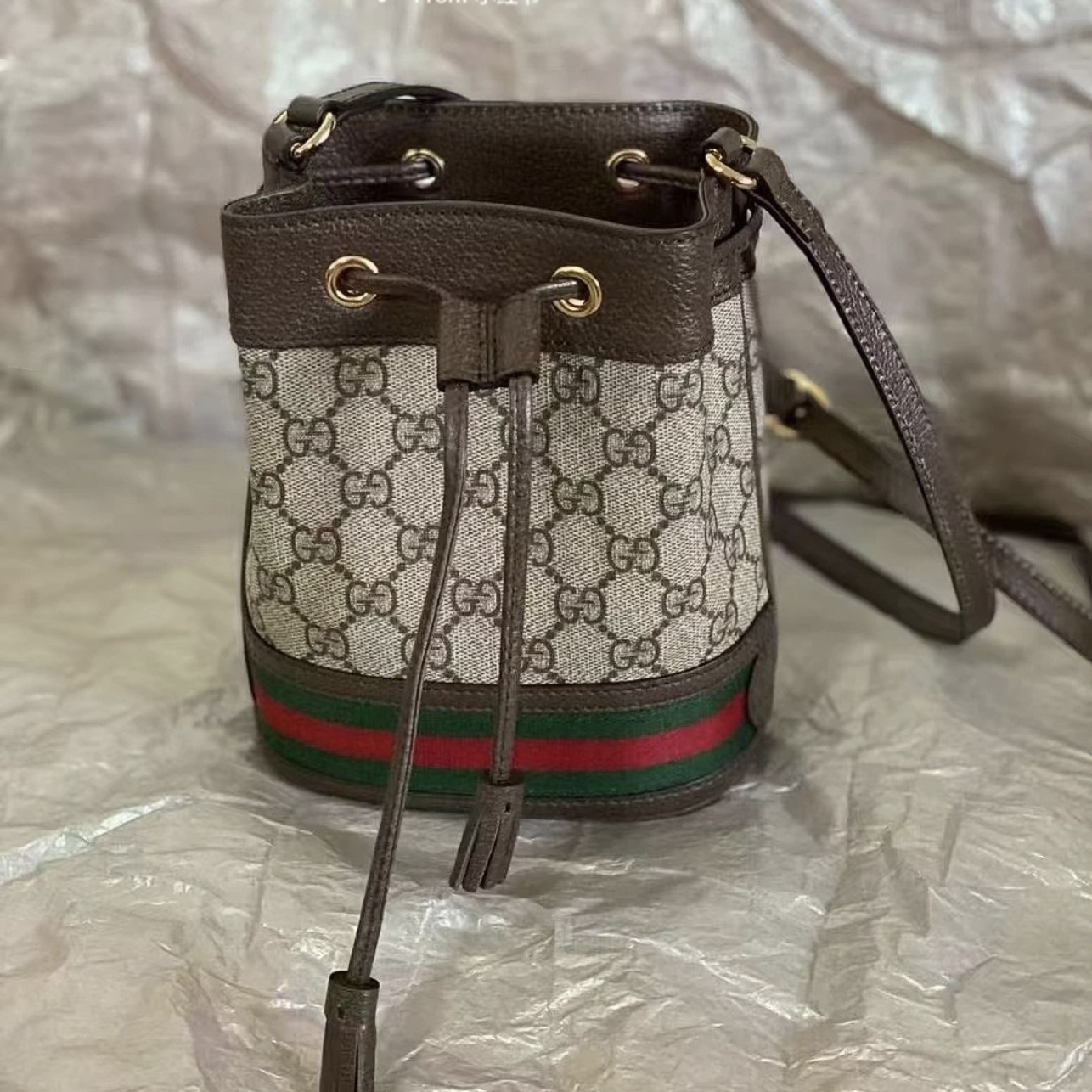 95新 GUCCI/古驰 XM/Ophidia红绿编织抽绳斜跨水桶包WJLZ06330066