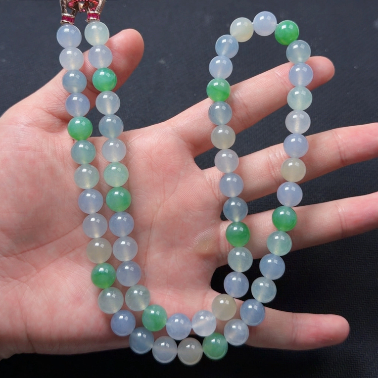 纯天然缅甸翡翠A货卡10 冰胶马卡龙珠链项链（拍一发一）