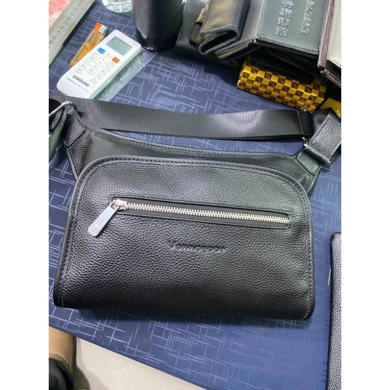 直播间16号-66317-男士休闲头层牛皮复古黑色斜跨包单肩