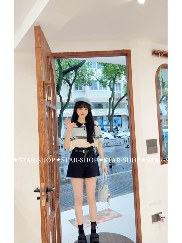 夏季 撞色扣子 条纹 冰冰凉 针织上衣