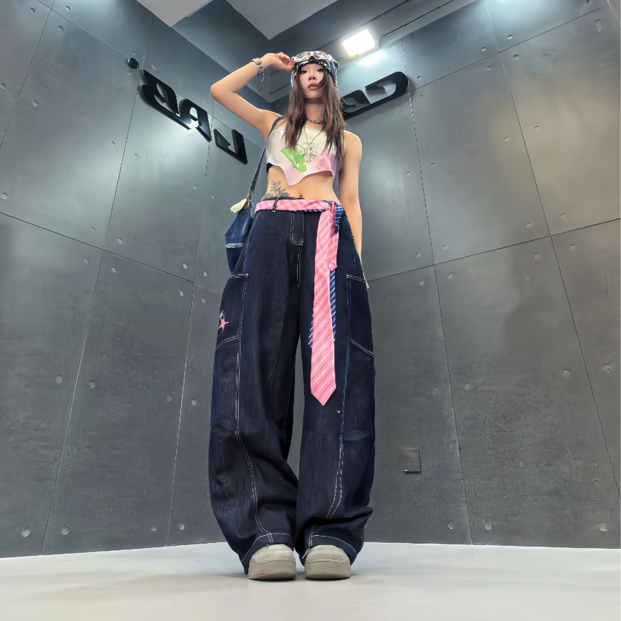 CBXLAB街舞潮牌分割明线牛仔长裤美式复古宽松秋季百搭甜酷长裤