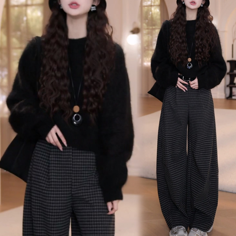 2025韩系时尚套装秋冬纯色针织衫毛衣长袖松紧腰高腰格子休闲裤