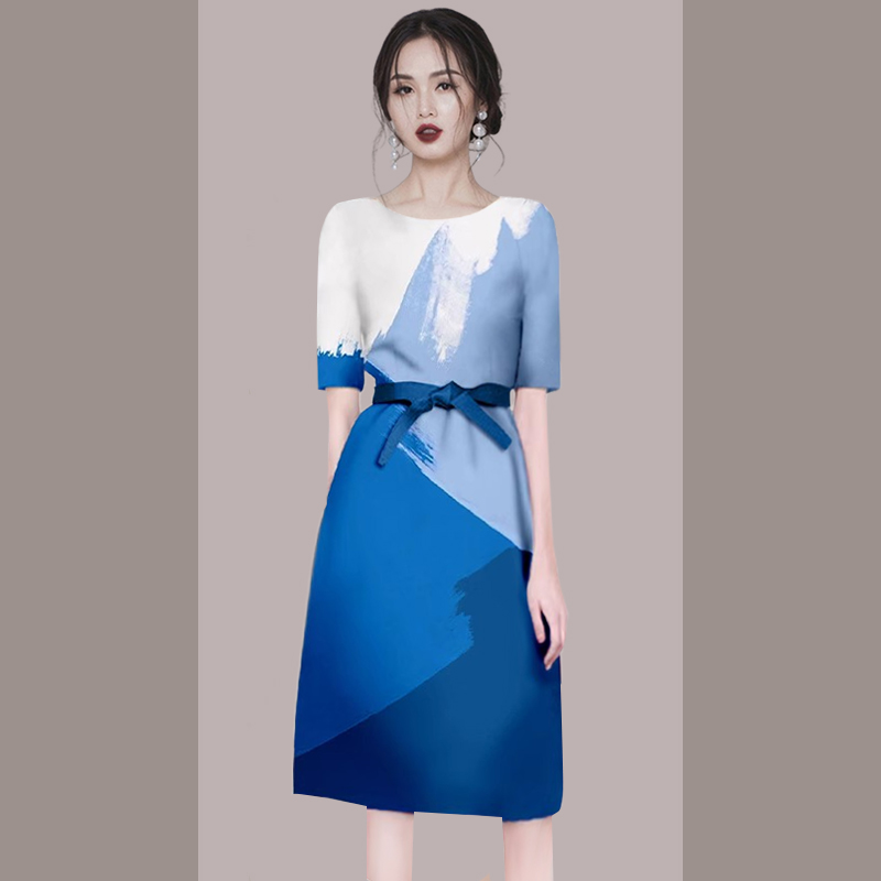 气质蓝色印花系带职业连衣裙女2025新款夏季高级感中长裙