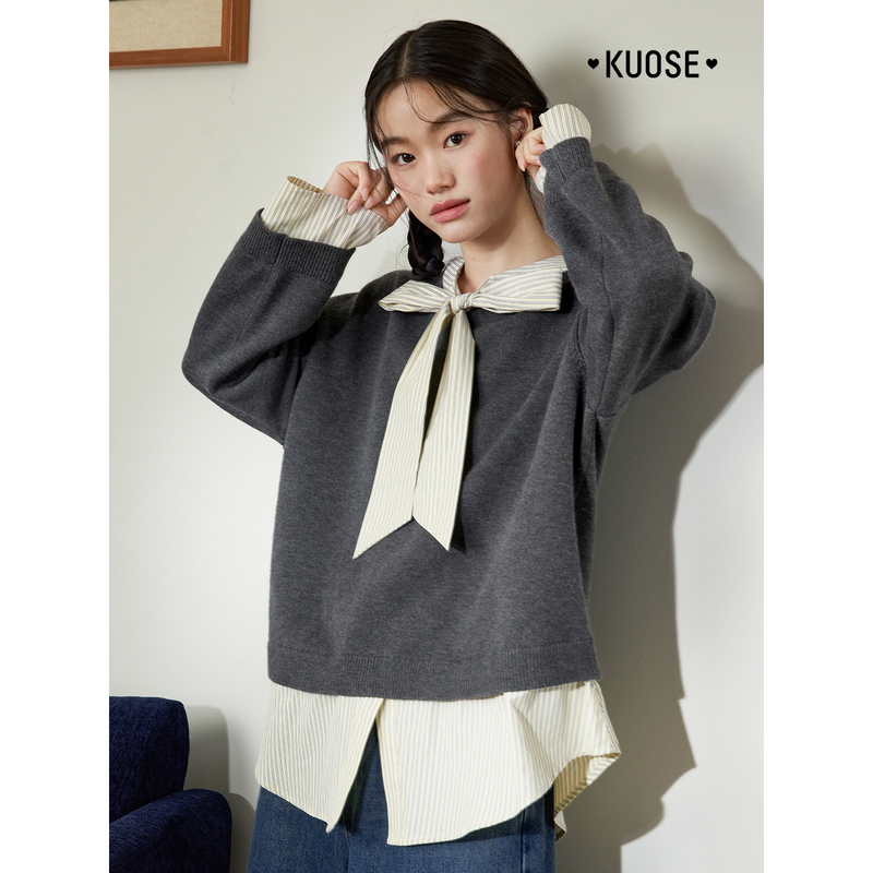 阔色学院风蝴蝶结针织衫女2025秋冬新款假两件衬衫毛衣KSH2509045