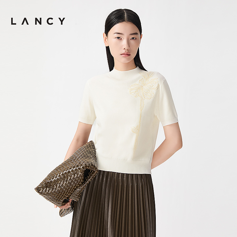 LANCY/朗姿2026春季新款莱赛尔三醋酸气质高级感刺绣短袖针织衫女