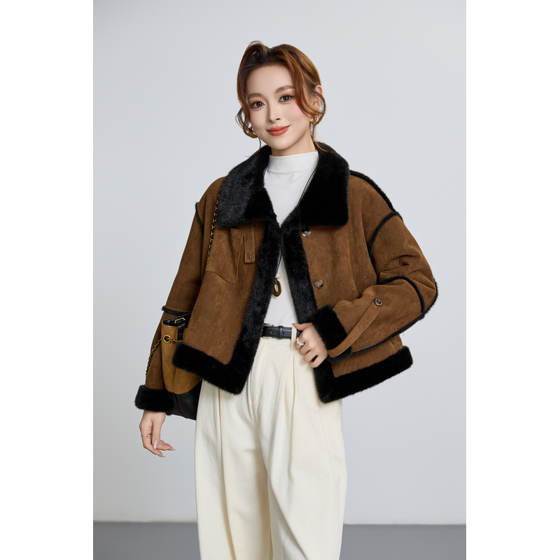 美拉德咖色加厚绒短款羊羔绒外套女秋冬2025新款韩系棉服