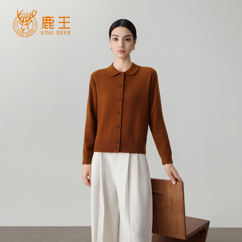 鹿王25秋冬新款女翻领100山羊绒休闲百搭针织开衫 厚 RA313