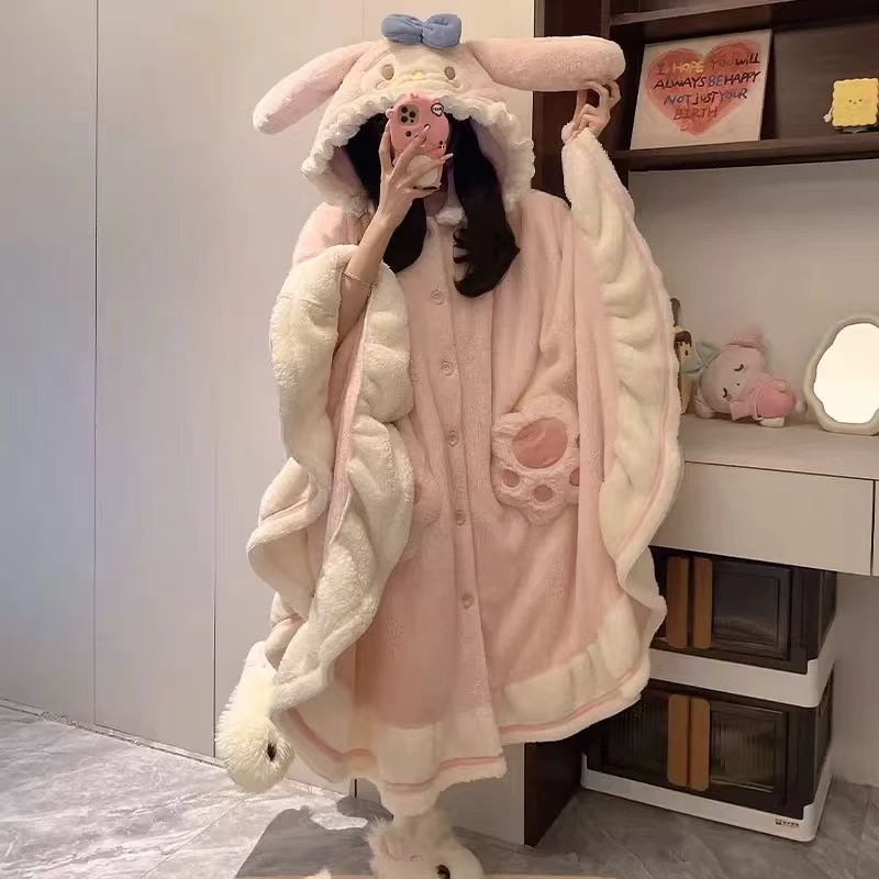 【美乐兔】冬款斗篷带袖子毛绒睡衣加厚睡衣可外穿甜美可爱宽松显瘦