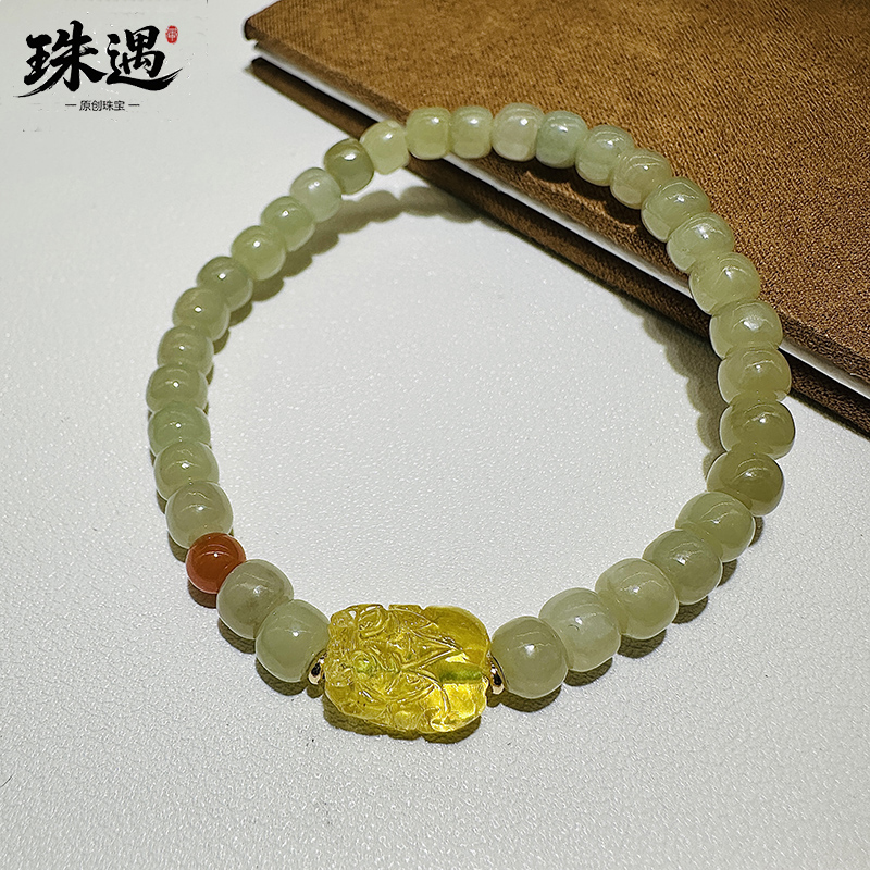老型珠和田玉加蜜蜡貔貅手串气质轻奢百搭女士单圈玉手串