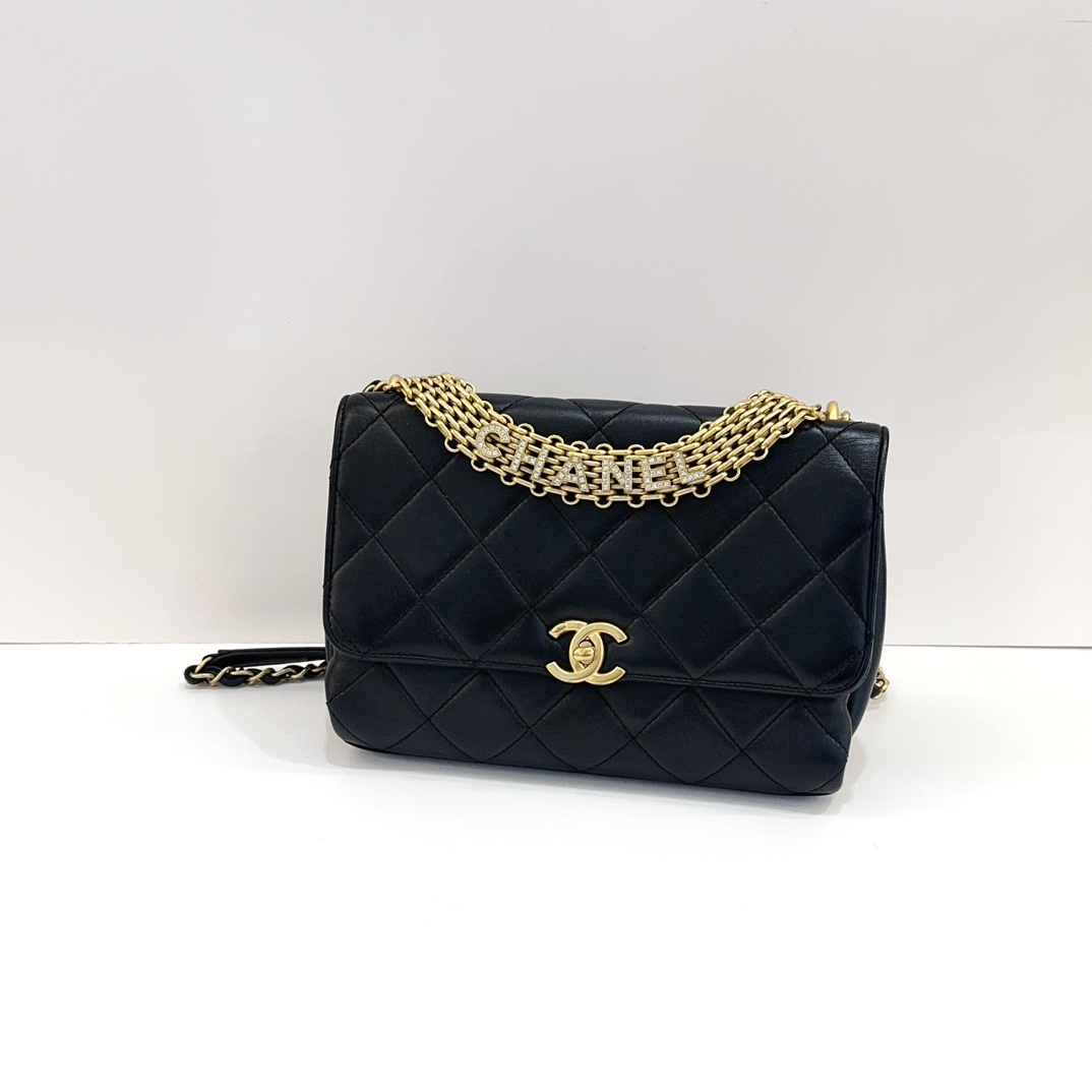 99新 Chanel/香奈儿 蔚蓝/ 22S黑金水钻字母手柄方胖子中号