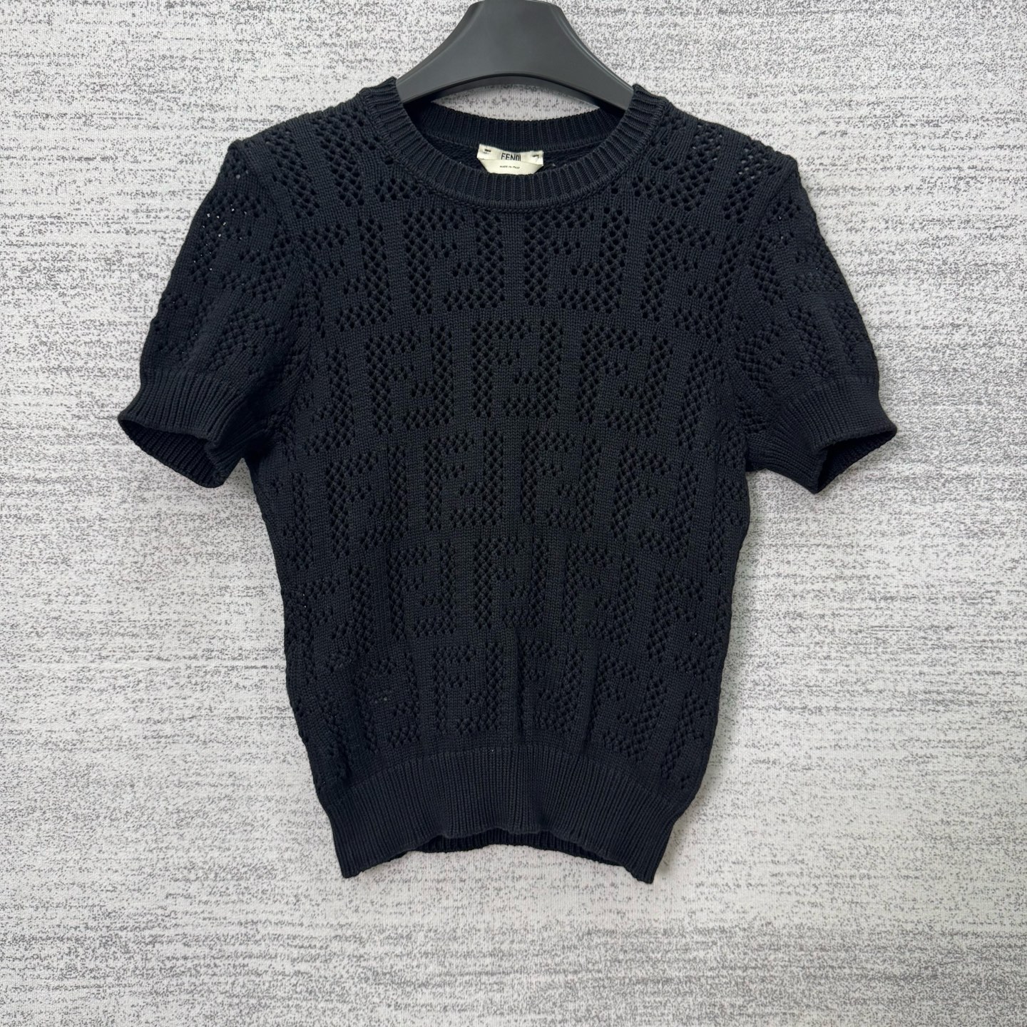 99新 FENDI/芬迪 A100337/黑色双F满印镂空针织短袖/40码