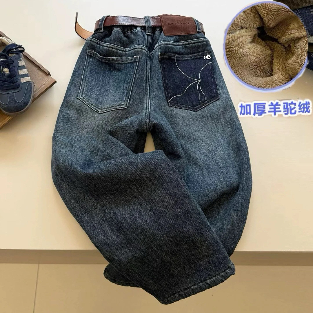 男童牛仔裤2025新款韩版儿童羊驼绒宽松冬款加厚中大童保暖直筒裤