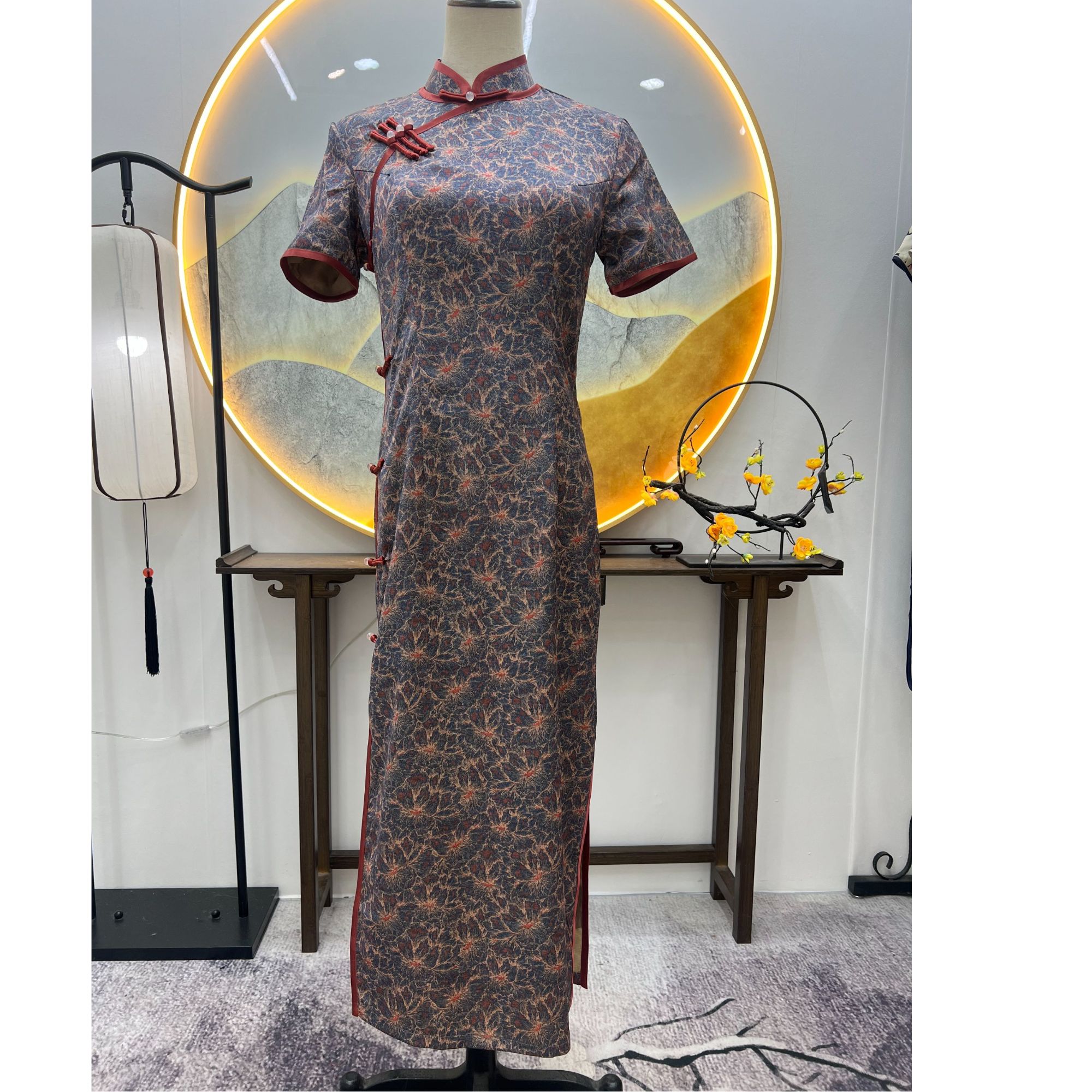 1207高端旗袍气质时尚夏季复古春夏中长款印花优雅绿色提花