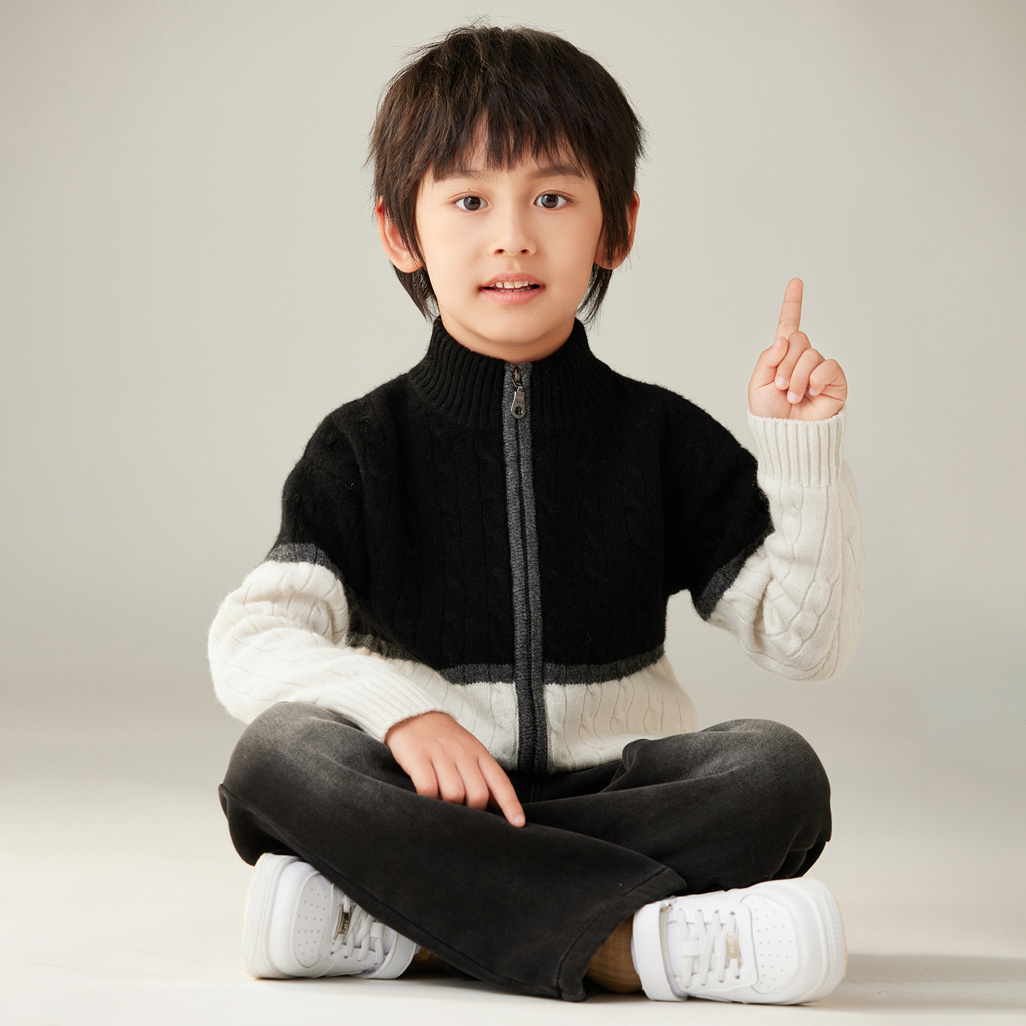 男女同款童装100%纯羊毛儿童时尚半高领厚款拉链外套针织衫毛衣