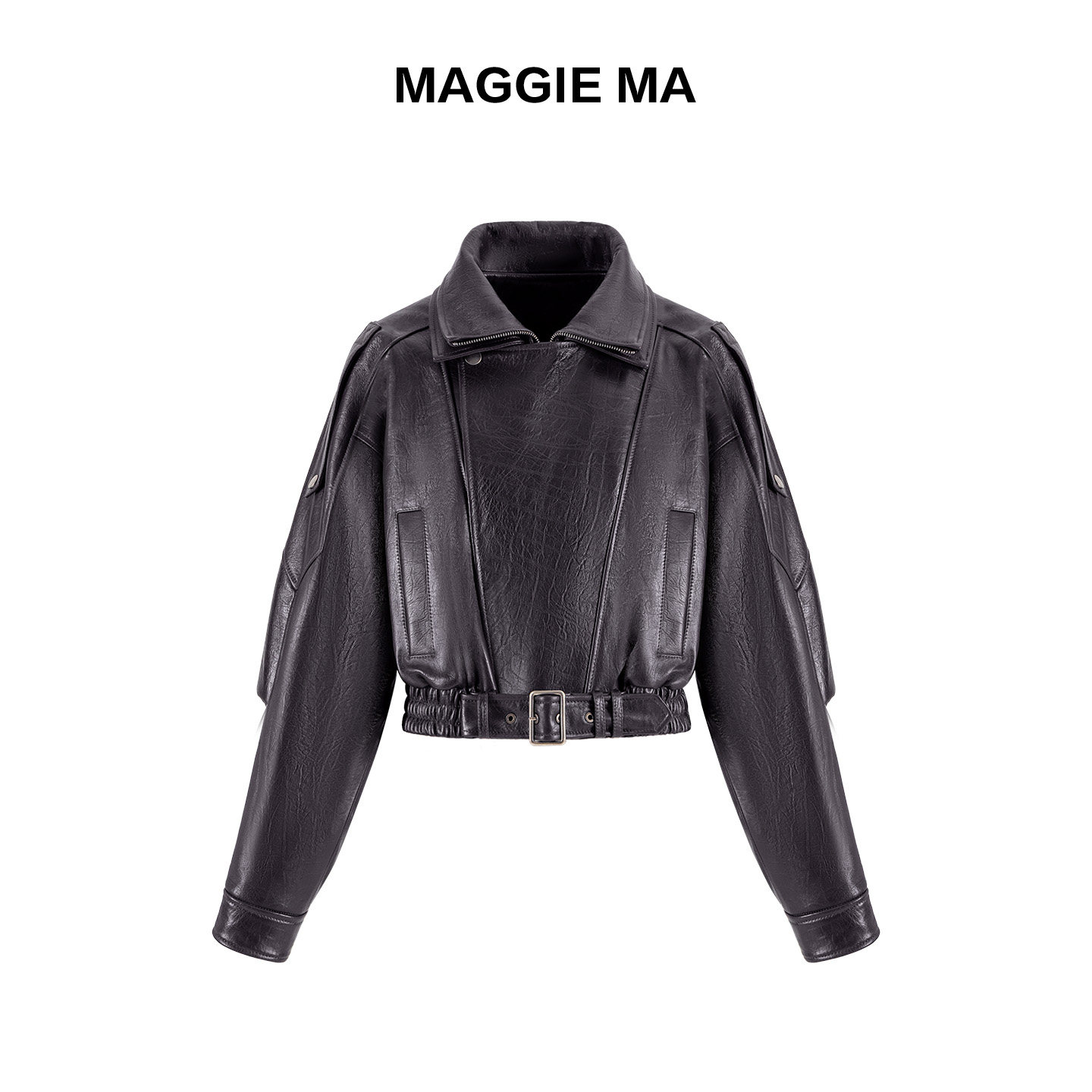 MAGGIE MA马婧设计师款皮夹克翻领收腰摩登机车风羊皮衣外套820C