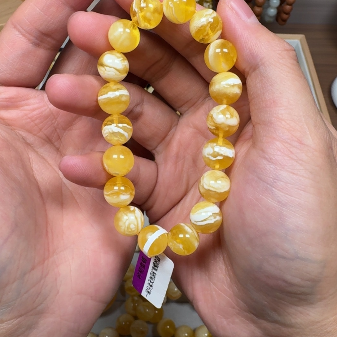 疯***人蜜蜡未镶嵌手链11金瓷白虎皮纹13.8克