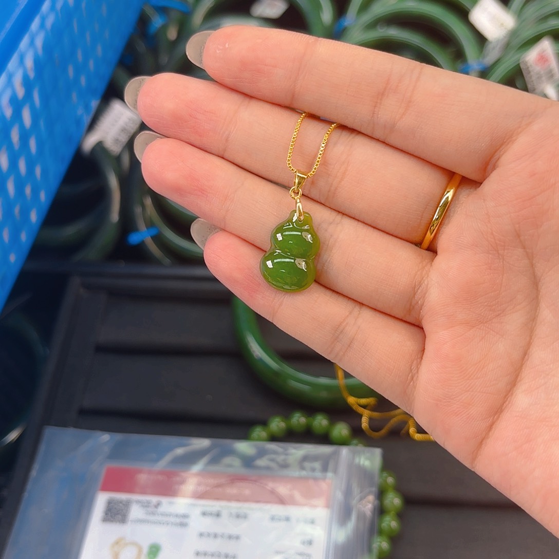 颈饰银S925镶嵌和田玉碧玉葫芦卡13 18