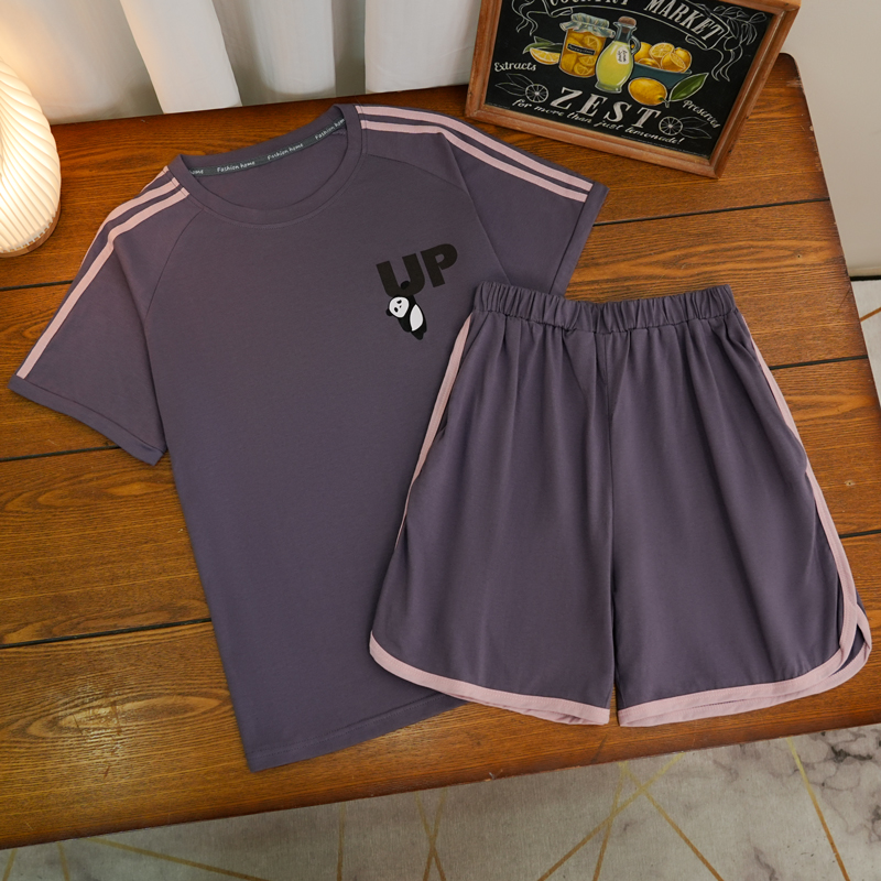 主播同款睡衣女春夏套头紫色熊猫短袖短裤家居服两件套装-774