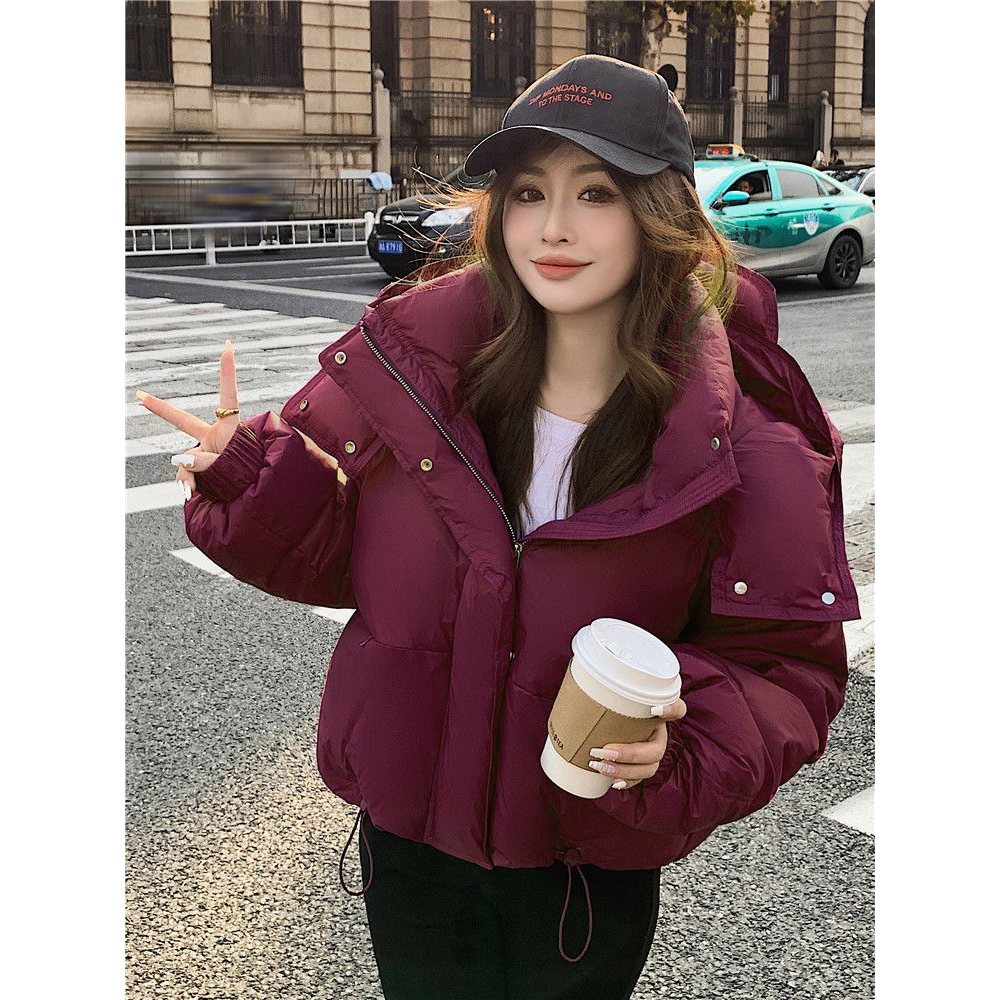 紫色短款棉服2025冬季新款连帽小个子面包服韩版宽松加厚棉衣外套