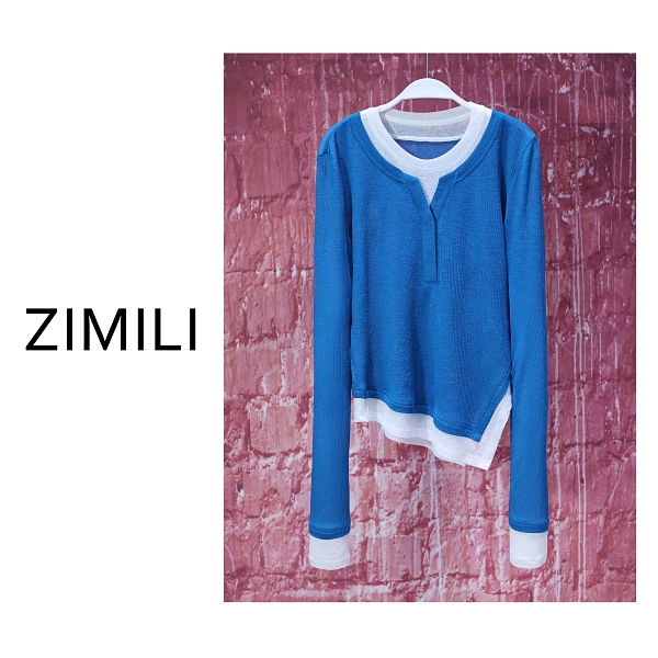 【亮哥女装】2025早秋新品宝石蓝拼接不规则下摆高弹爽肤衣8653-A3