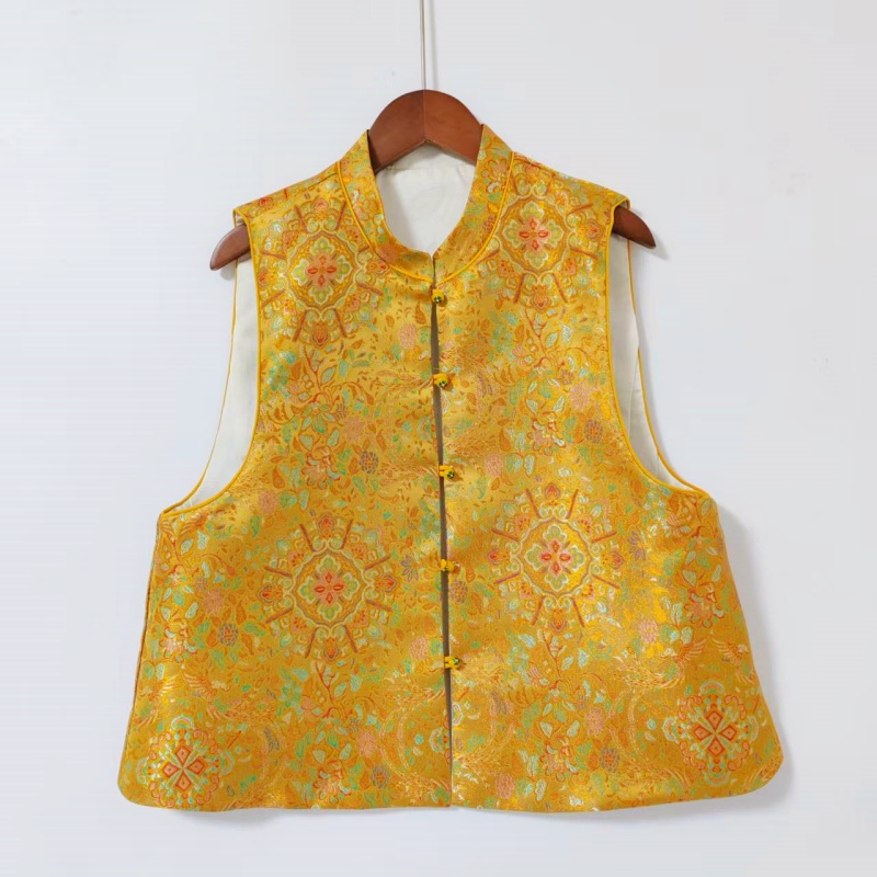 【太阳花】新中式马甲双面穿立领重工织金马夹黄色民族风服装复古