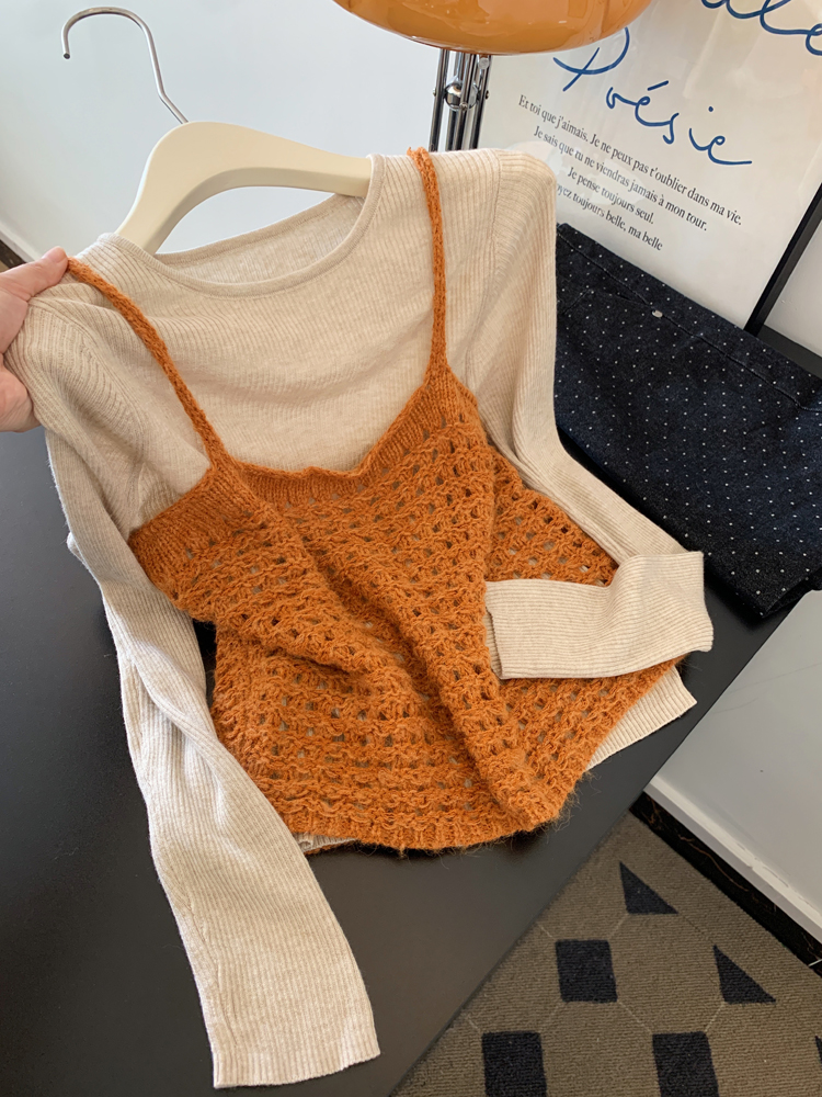 韩系温柔风镂空针织吊带背心叠穿纯色修身打底上衣两件套女秋季款