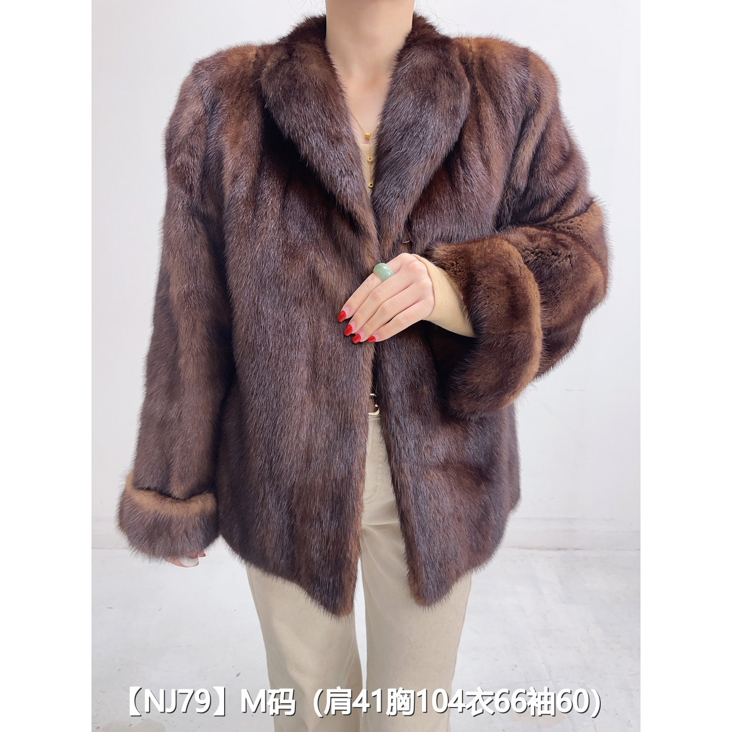 【NJ79】M 焦糖棕短款全抽貂皮水貂大衣女 翻领挽袖 09079