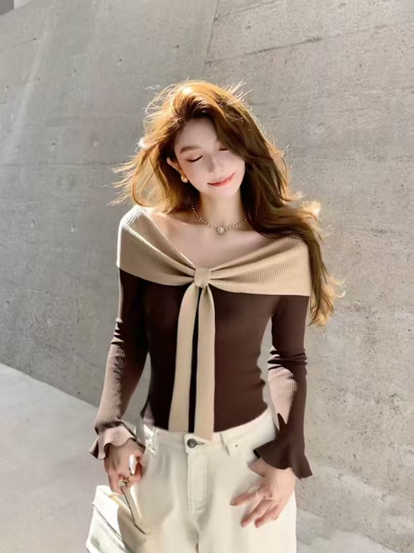 时尚冬季纯色蝴蝶气质蝴蝶结毛针织衫针织洋气打底衫