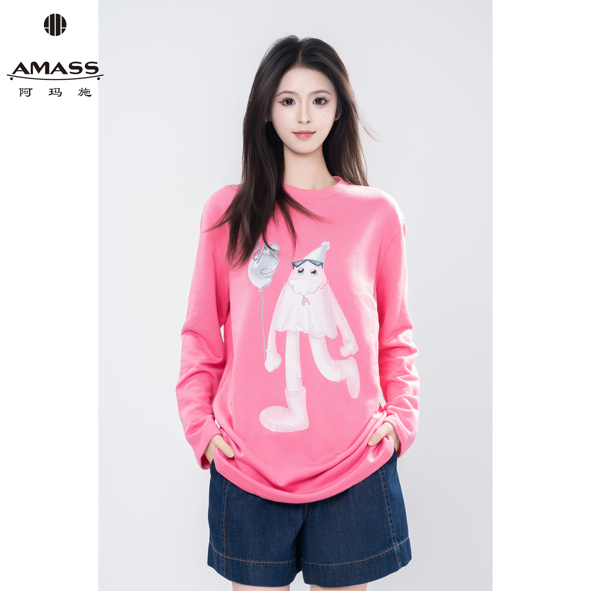 AMASS/阿玛施【早秋穿搭】新款时尚烫钻印花休闲百搭长袖T恤 530189