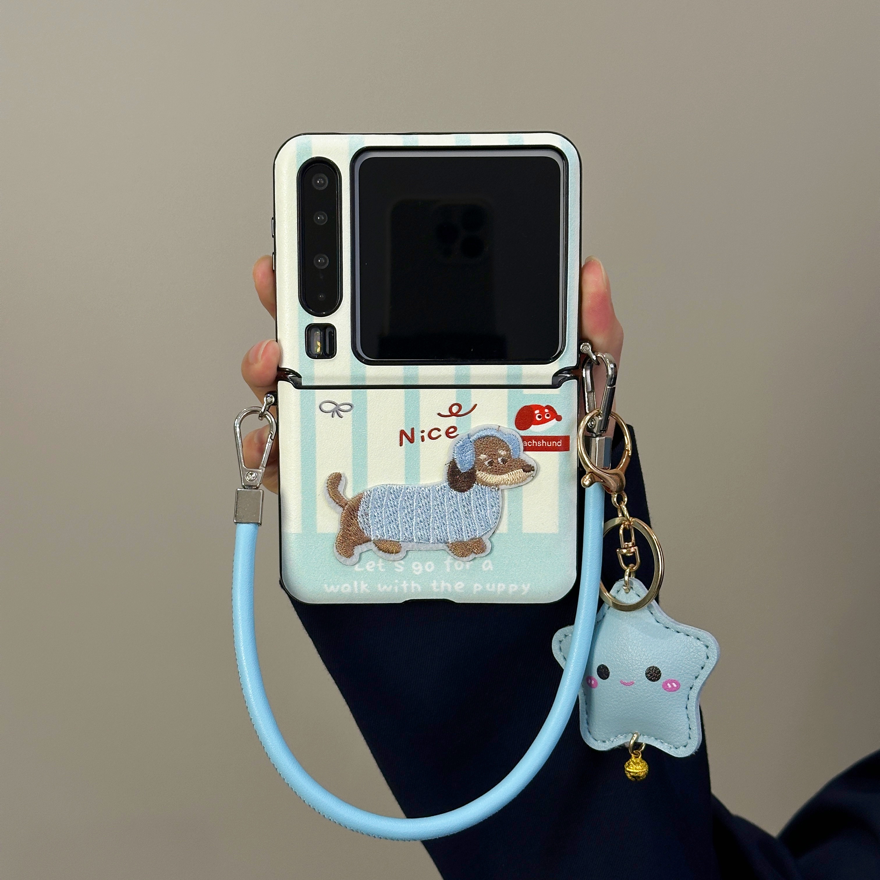 适用华为PuraX手机壳pocket2折叠屏可爱蓝色条纹腊肠狗斜跨保护套