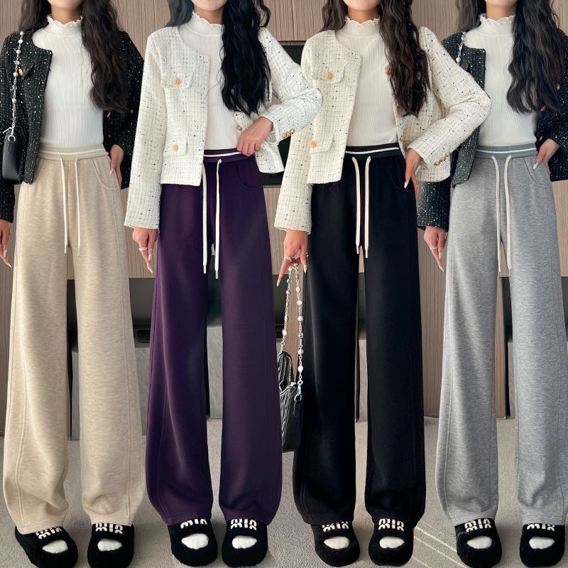 醋酸绵羊窄版裤女秋冬2025新款高腰垂感加绒直筒糯米长裤子