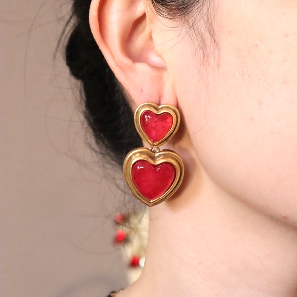 铜合金琉璃耳饰 重工（精工系列）复古梅子色爱心耳饰