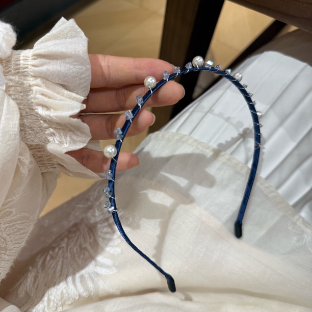 8967简约蓝色细发箍串珠发卡（手工微瑕介意勿拍）