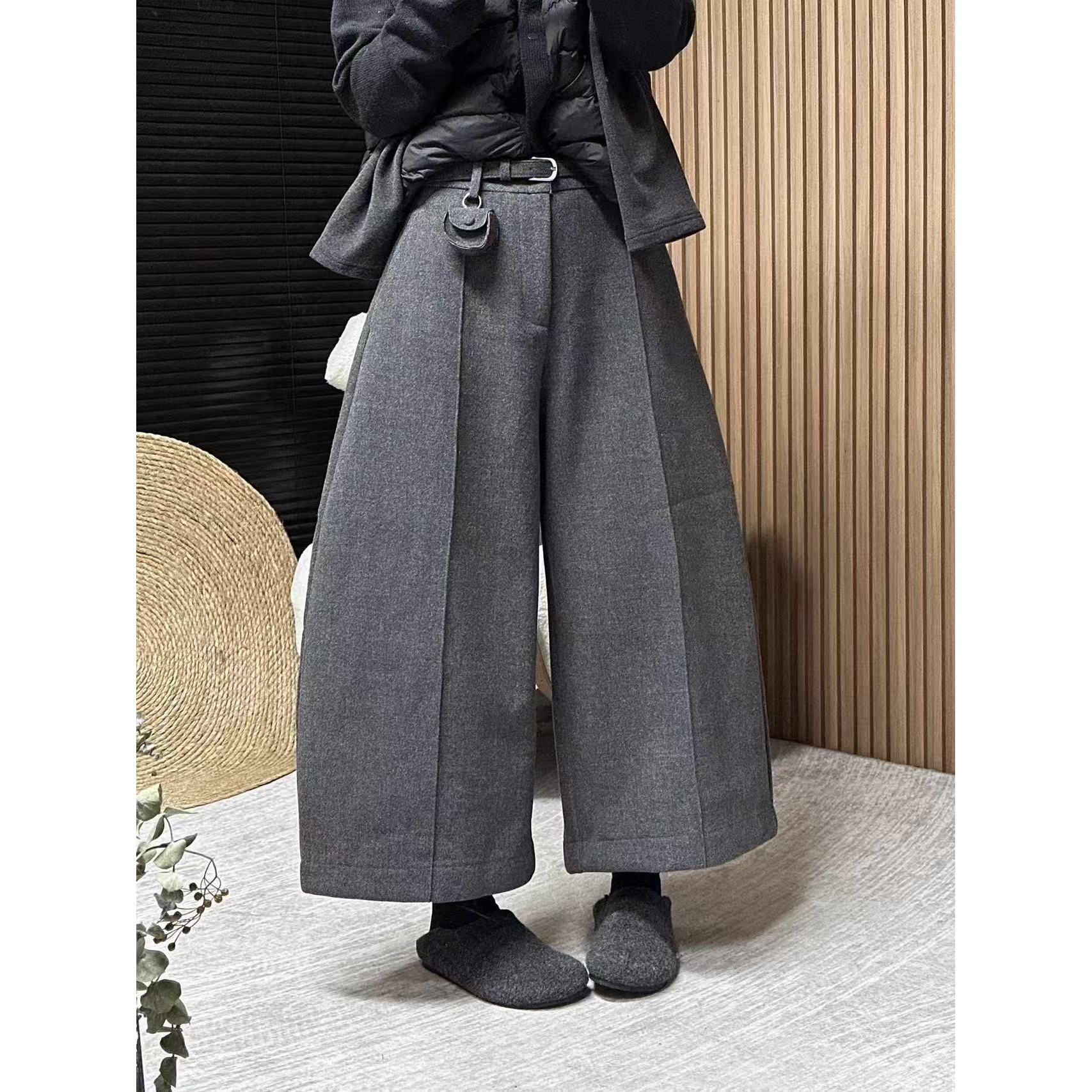 通勤风腰带装饰毛呢阔腿裤女职场气质长裤HBZXW918348