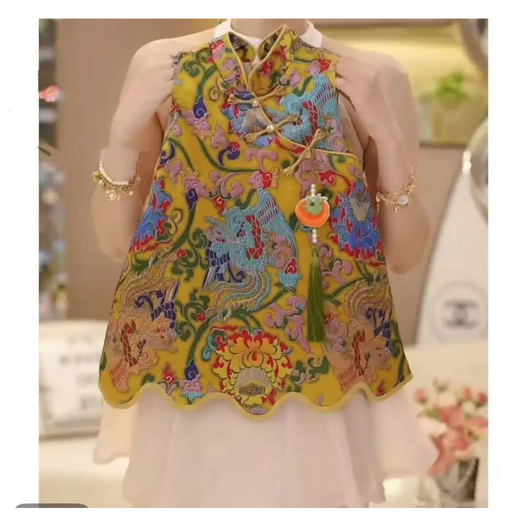 (现货）女童双层中国风刺绣汉服连衣裙夏新款绣花A字裙碎花-SQ1206