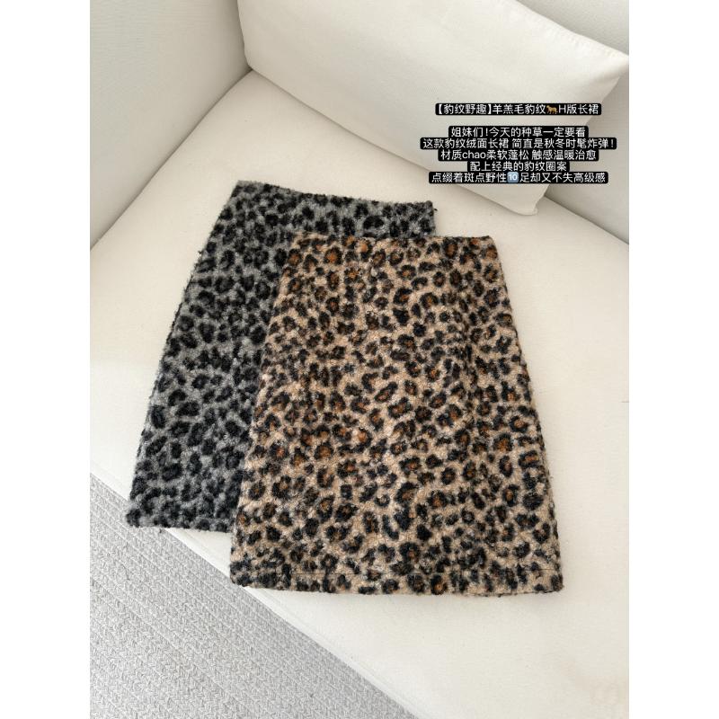 冬款小众韩系显瘦豹纹半身裙毛呢裙中长裙