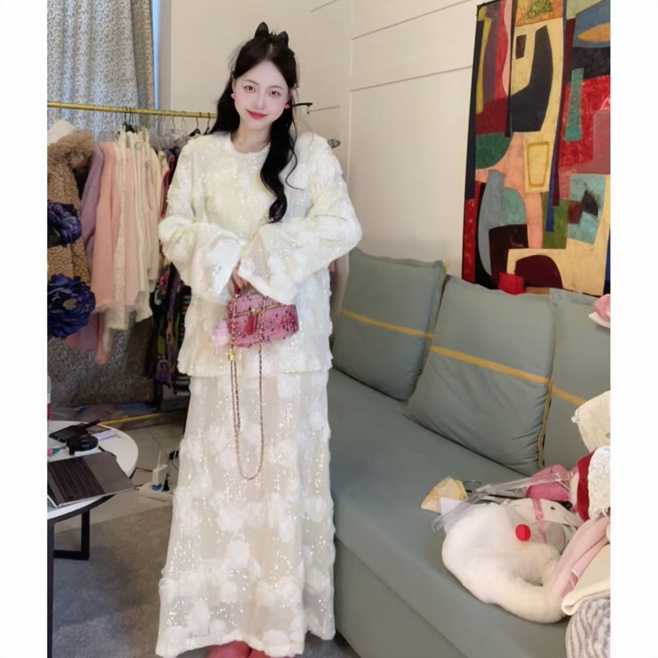 燃冉 冬季韩版立体玫瑰花亮片蕾丝套装时尚洋气气质套装8580