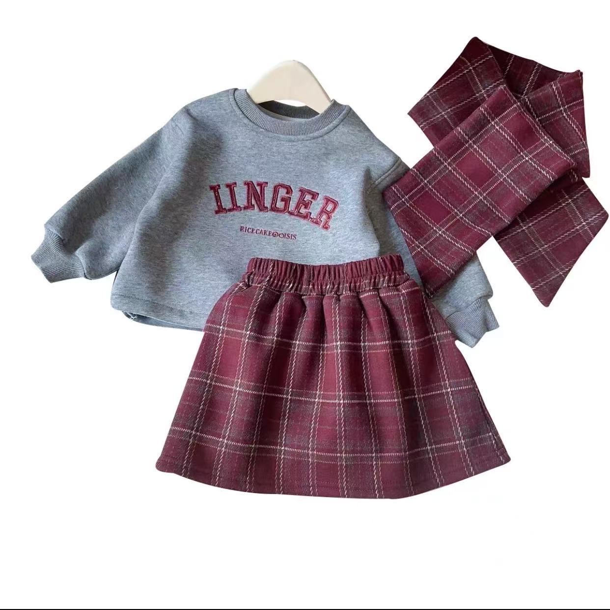 2025秋冬女童套装字母刺绣加绒卫衣半身裙围巾安可拉红ZCH58086