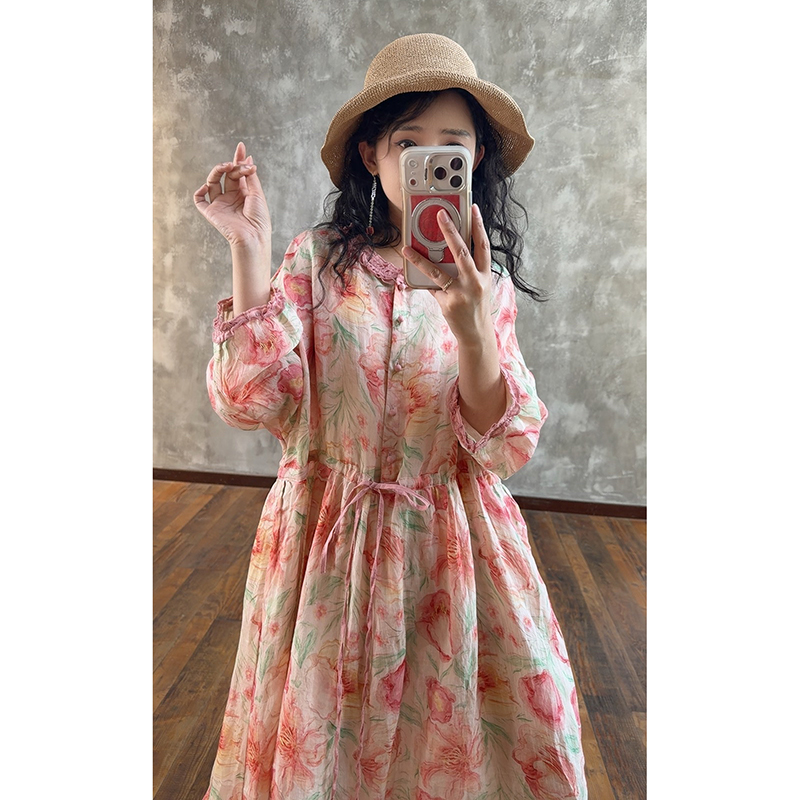 YIMIAN 290906 人间花仙子苎麻减龄浪漫花边领抽绳设计碎花连衣裙