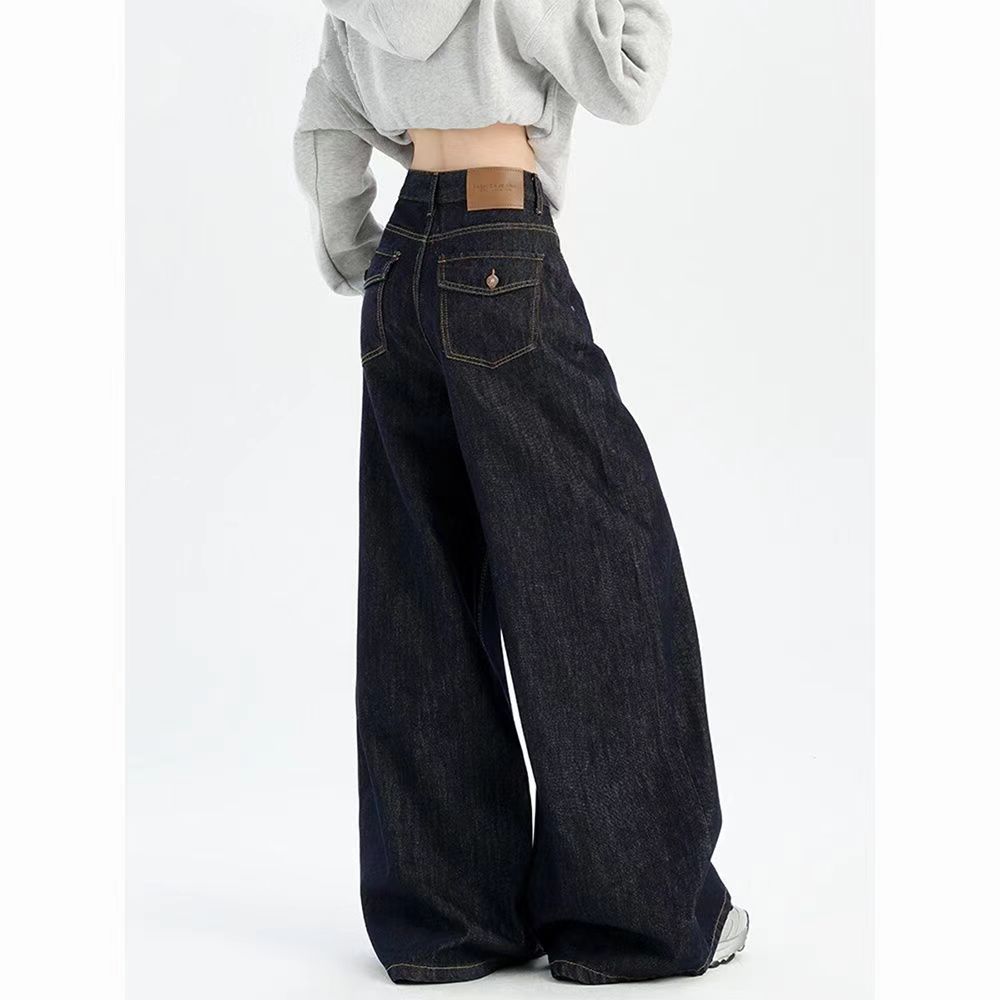 丹宁蓝牛仔裤女2025秋季新款高腰百搭宽松窄版显瘦直筒阔腿裤9002