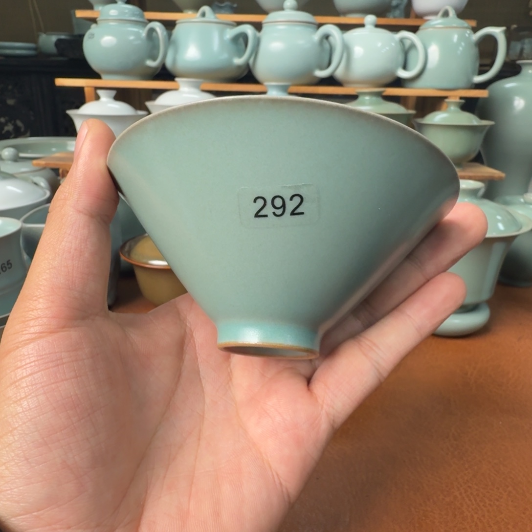 陶摆件一级仿古青绿超薄胎斗笠杯120cc不开片