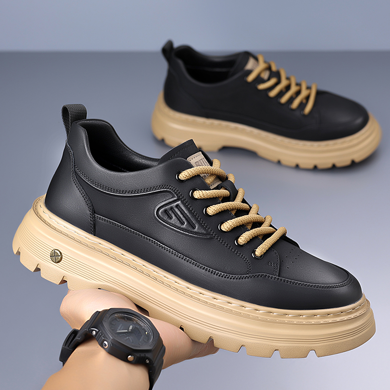 轻便发泡真皮男鞋2025秋冬新款厚底增高板鞋男士工装系带休闲皮鞋