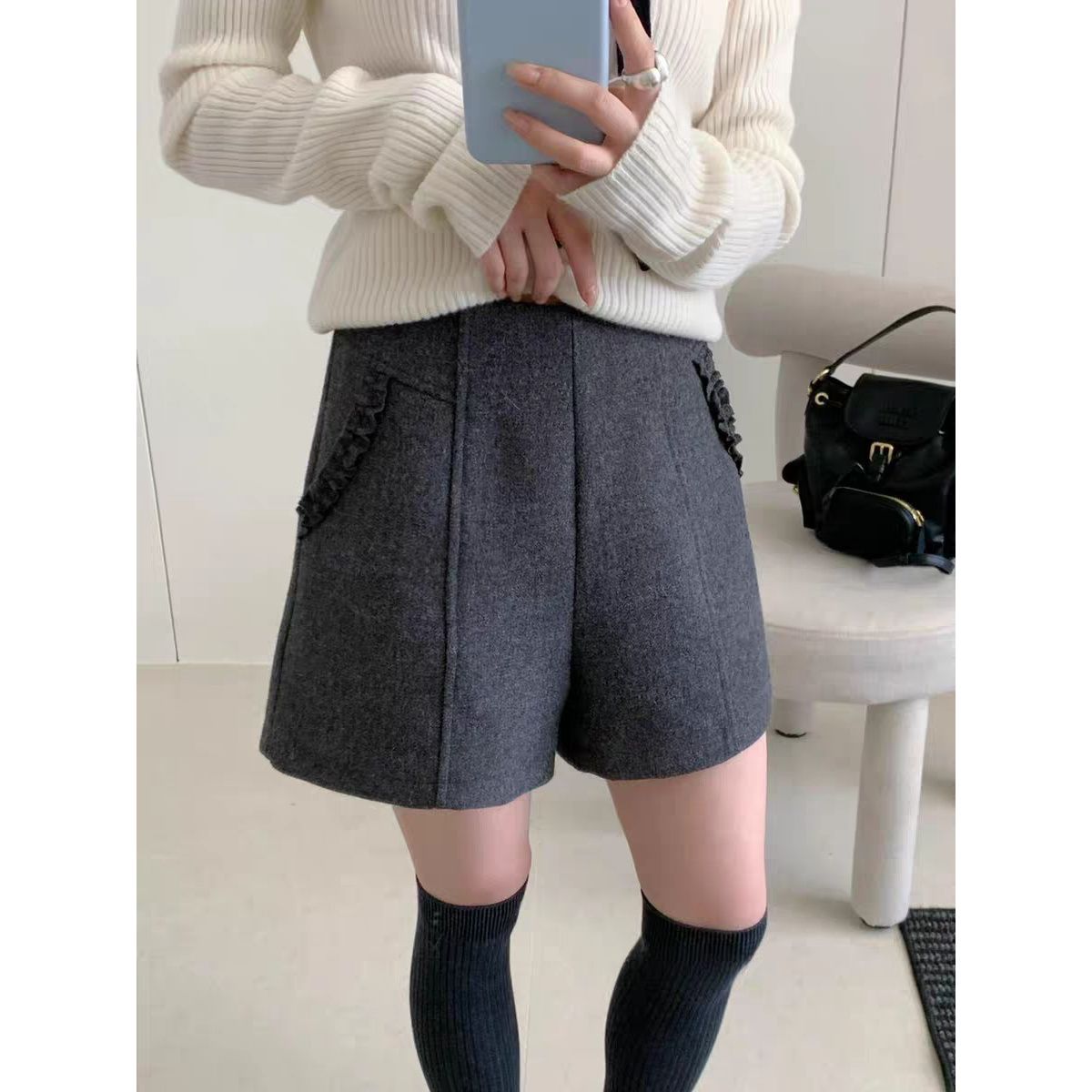 33305#木耳边口袋毛呢短裤女高腰A字阔版休闲洋气百搭
