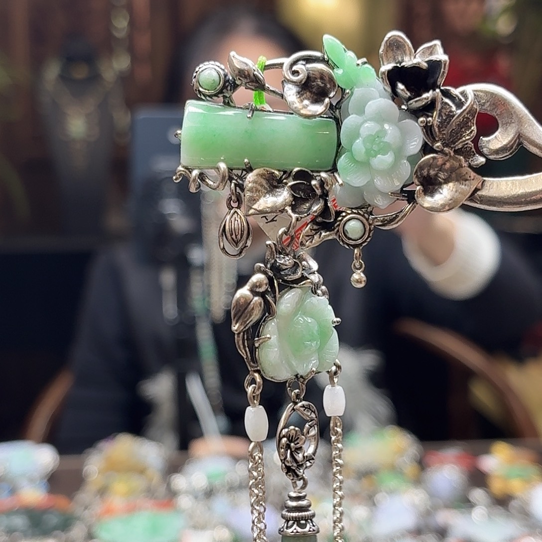 翡翠银S925镶嵌发簪发簪