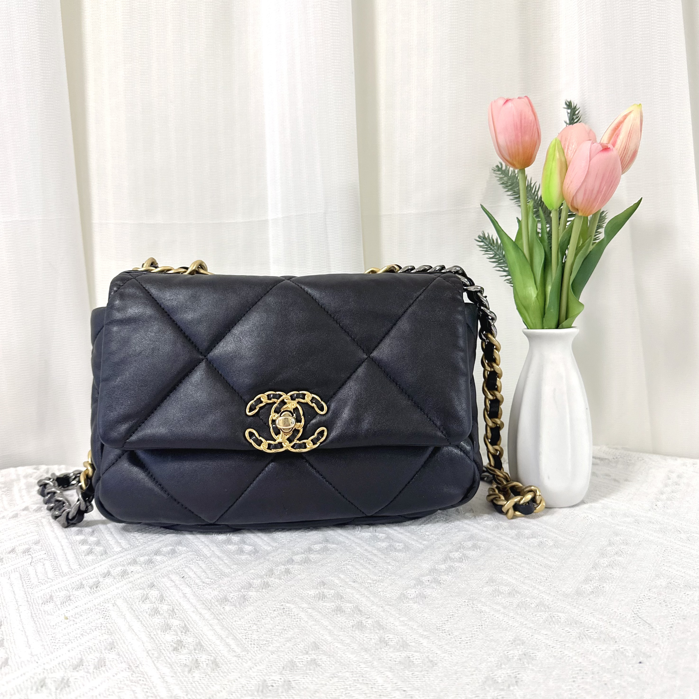 95新 Chanel/香奈儿 19bag系列黑金小号手提单肩斜挎包